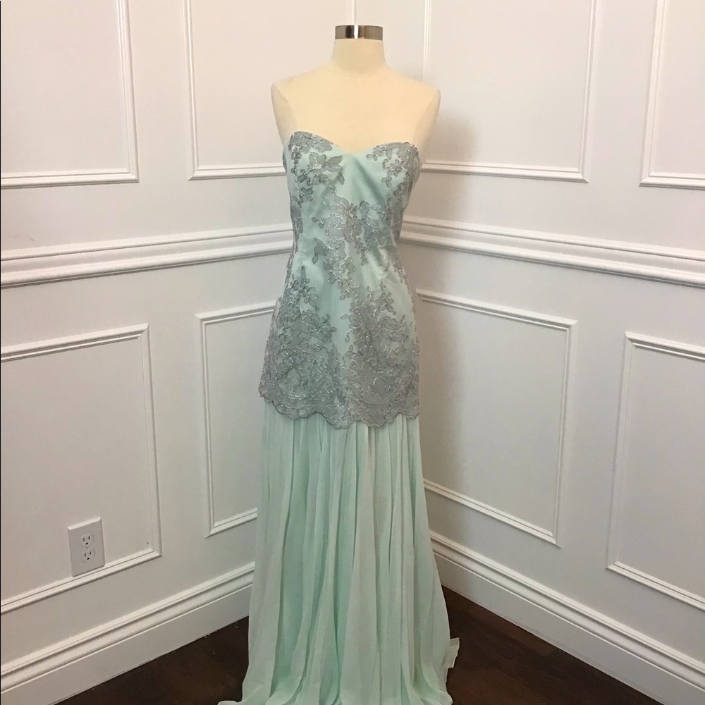 NWT Badgley Mischka long mint green lace strapless sweetheart vintage dress gown